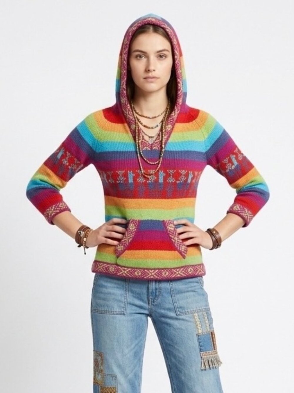 Alpaca Wool Knit Hoodie S Rainbow Stripe Peru Handmade Boho Hippie Dopamine
